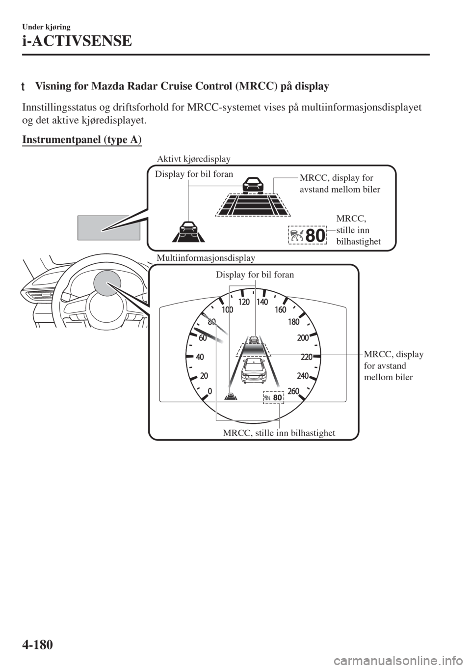 MAZDA MODEL 6 2018  Brukerhåndbok (in Norwegian) tVisning for Mazda Radar Cruise Control (MRCC) på display
Innstillingsstatus og driftsforhold for MRCC-systemet vises på multiinformasjonsdisplayet
og det aktive kjøredisplayet.
Instrumentpanel (ty