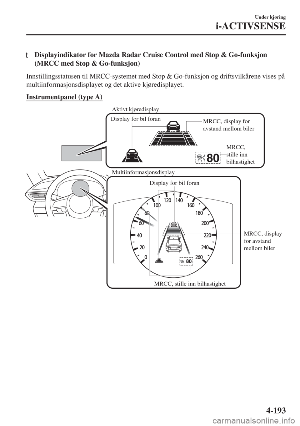 MAZDA MODEL 6 2018  Brukerhåndbok (in Norwegian) tDisplayindikator for Mazda Radar Cruise Control med Stop & Go-funksjon
(MRCC med Stop & Go-funksjon)
Innstillingsstatusen til MRCC-systemet med Stop & Go-funksjon og driftsvilkårene vises på
multii