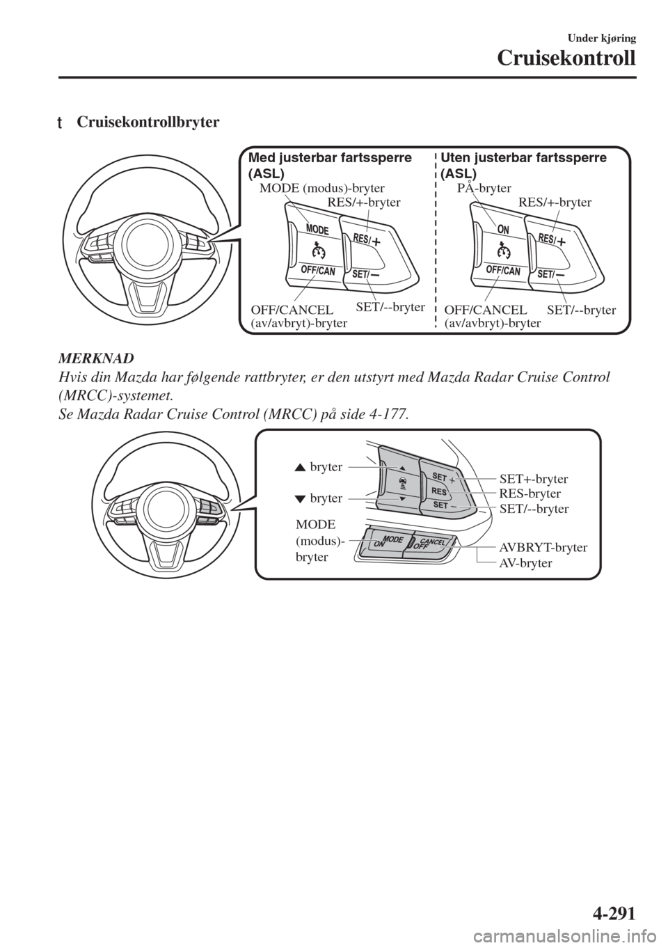 MAZDA MODEL 6 2018  Brukerhåndbok (in Norwegian) tCruisekontrollbryter
PÅ-bryter
RES/+-bryter Uten justerbar fartssperre 
(ASL)
SET/--bryter
OFF/CANCEL 
(av/avbryt)-bryter MODE (modus)-bryter
RES/+-bryter Med justerbar fartssperre 
(ASL)SET/--bryte
