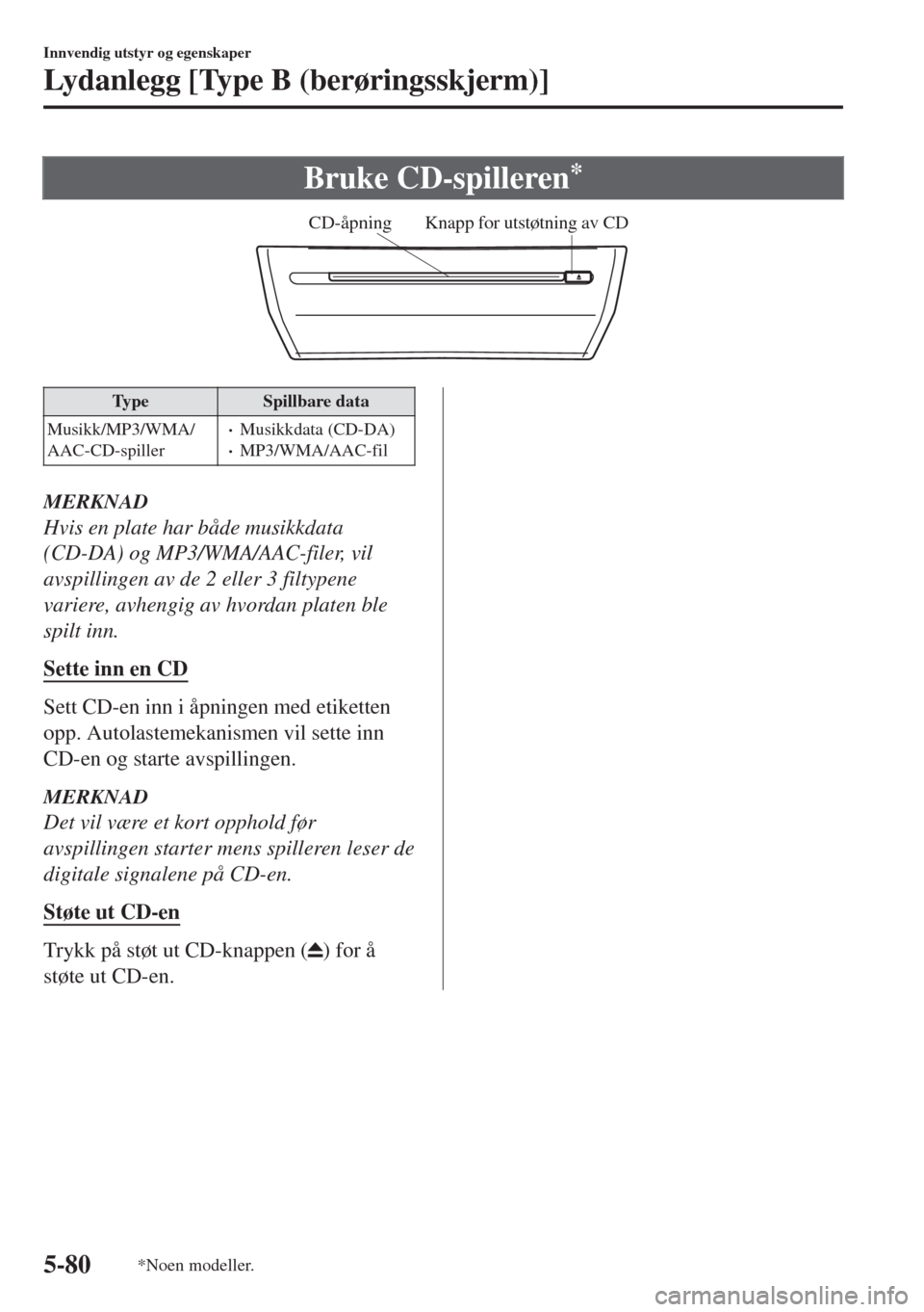 MAZDA MODEL 6 2018 Brukerhåndbok (in Norwegian) Bruke CD-spilleren*
CD-åpningKnapp for utstøtning av CD
Type Spillbare data
Musikk/MP3/WMA/
AAC-CD-spiller
•Musikkdata (CD-DA)•MP3/WMA/AAC-fil
MERKNAD
Hvis en plate har både musikkdata
(CD-DA) MAZDA MODEL 6 2018 Brukerhåndbok (in Norwegian) Bruke CD-spilleren*
CD-åpningKnapp for utstøtning av CD
Type Spillbare data
Musikk/MP3/WMA/
AAC-CD-spiller
•Musikkdata (CD-DA)•MP3/WMA/AAC-fil
MERKNAD
Hvis en plate har både musikkdata
(CD-DA)