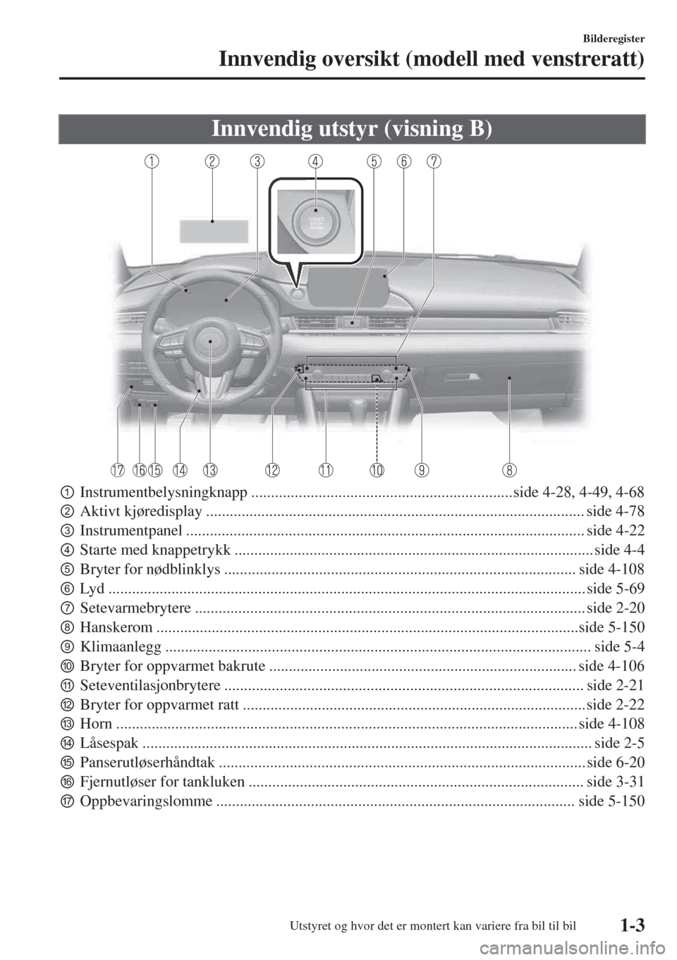 MAZDA MODEL 6 2018  Brukerhåndbok (in Norwegian) Innvendig utstyr (visning B)
pInstrumentbelysningknapp ..................................................................side 4-28, 4-49, 4-68
qAktivt kjøredisplay .................................