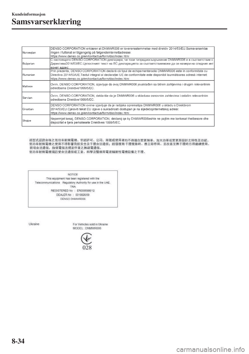 MAZDA MODEL 6 2018 Brukerhåndbok (in Norwegian) Kundeinformasjon
Samsvarserklæring
8-34 MAZDA MODEL 6 2018 Brukerhåndbok (in Norwegian) Kundeinformasjon
Samsvarserklæring
8-34