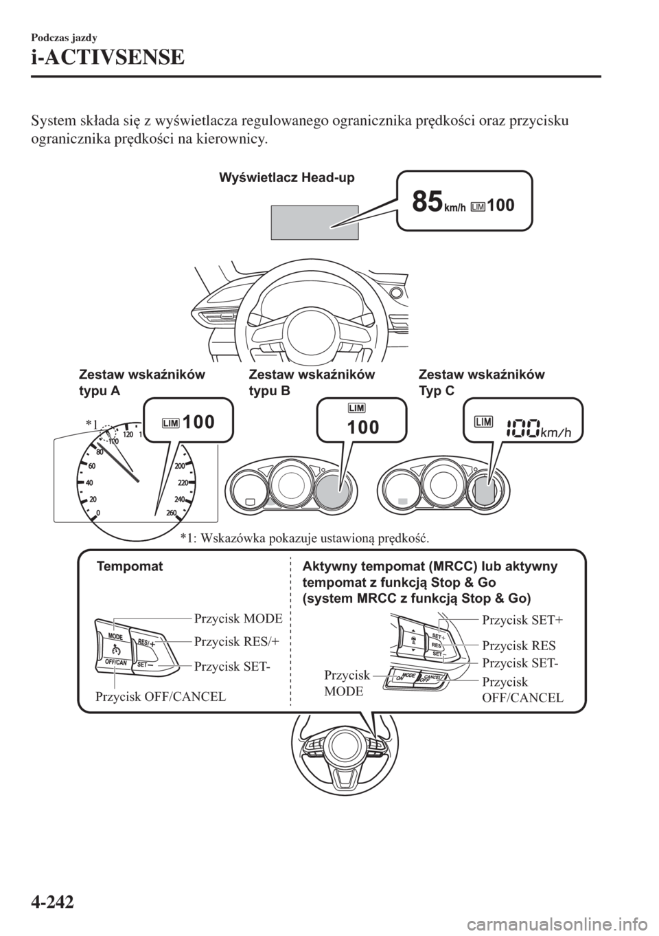 MAZDA MODEL 6 2018  Instrukcja Obsługi (in Polish)  System sk�áada si
 z wywietlacza regulowanego ogranicznika pr
dkoci oraz przycisku
ogranicznika pr
dkoci na kierownicy.
 
Wyświetlacz Head-up
 Tempomat
Przycisk MODE
Przycisk RES/+
Przycisk