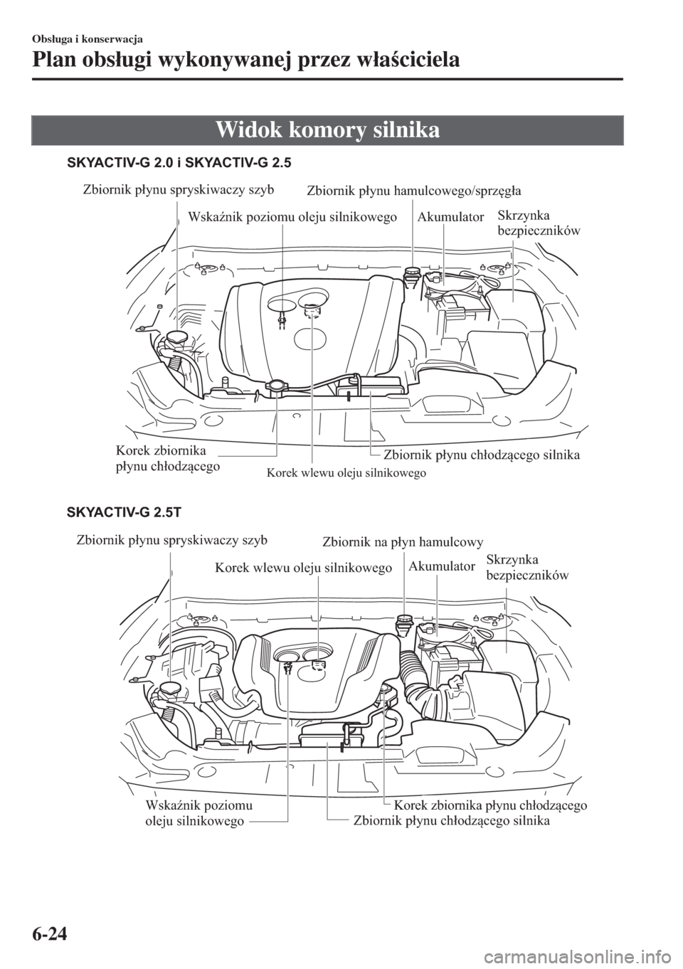 MAZDA MODEL 6 2018  Instrukcja Obsługi (in Polish)  Widok komory silnika
Zbiornik płynu spryskiwaczy szyb
Korek wlewu oleju silnikowegoAkumulator
Zbiornik płynu chłodzącego silnika
Zbiornik płynu spryskiwaczy szyb
Korek wlewu oleju silnikowego
Zbi