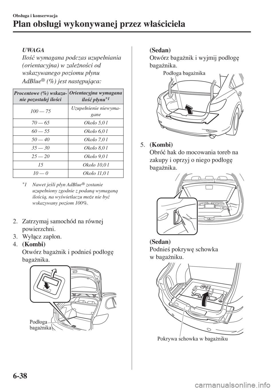 MAZDA MODEL 6 2018  Instrukcja Obsługi (in Polish)  UWAGA
Ilo�ü wymagana podczas uzupe�ániania
(orientacyjna) w zale*noci od
wskazywanego poziomu p�áynu
AdBlue
® (%) jest nast
pujca:
Procentowe (%) wskaza-
nie pozosta�áej ilociOrientacyj