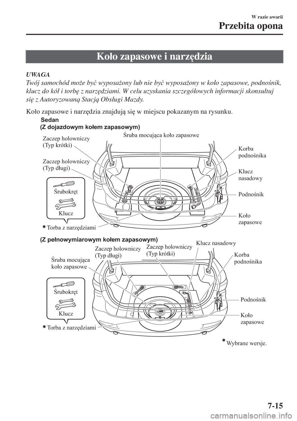 MAZDA MODEL 6 2018  Instrukcja Obsługi (in Polish)  Ko�áo zapasowe i narz
dzia
UWAGA
Twój samochód mo*e by�ü wyposa*ony lub nie by�ü wyposa*ony w ko�áo zapasowe, podnonik,
klucz do kó�á i torb
 z narz
dziami. W celu uzyskania szczegó�