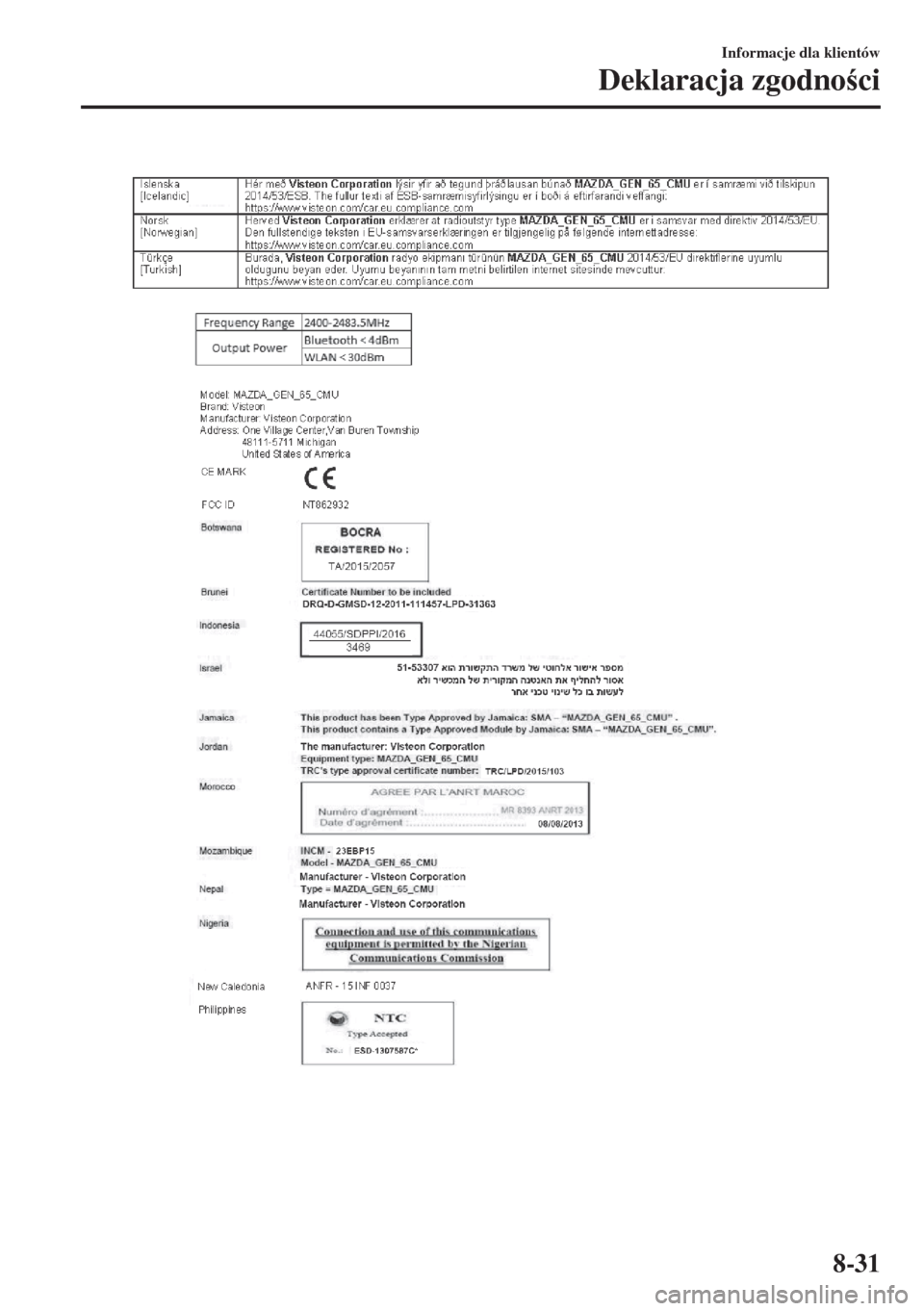 MAZDA MODEL 6 2018  Instrukcja Obsługi (in Polish)  Informacje dla klientów
Deklaracja zgodnoci
8-31 
