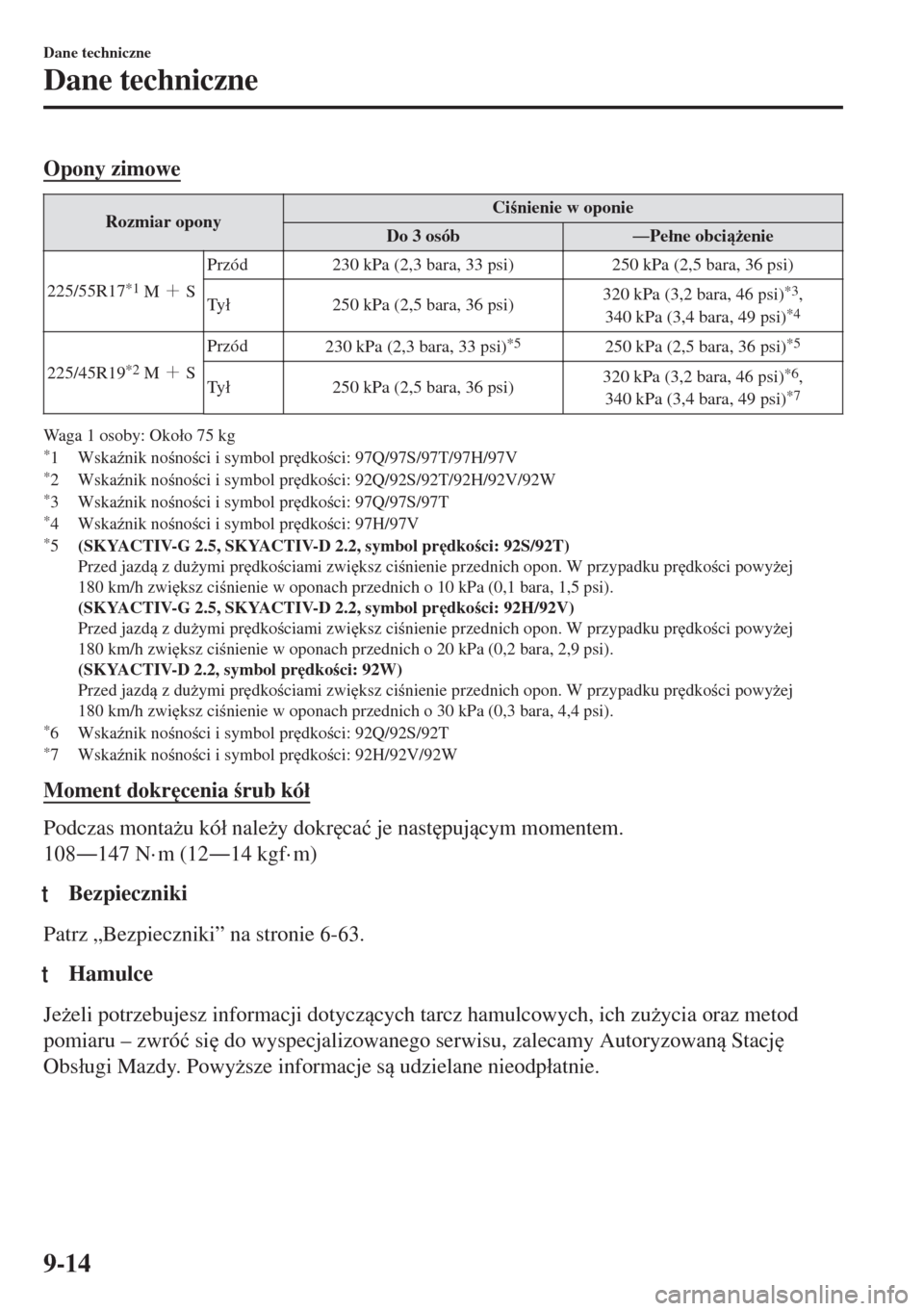 MAZDA MODEL 6 2018  Instrukcja Obsługi (in Polish)  Opony zimowe
Rozmiar oponyCinienie w oponie
Do 3 osóbŠPe�áne obci*enie
225/55R17
*1 M>)SPrzód 230 kPa (2,3 bara, 33 psi) 250 kPa (2,5 bara, 36 psi)
Ty�á250 kPa (2,5 bara, 36 psi)320 kPa (3,