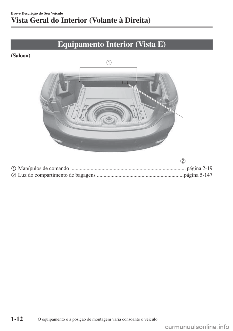 MAZDA MODEL 6 2018  Manual do proprietário (in Portuguese) Equipamento Interior (Vista E)
(Saloon)
pManípulos de comando ..................................................................................... página 2-19
qLuz do compartimento de bagagens ..