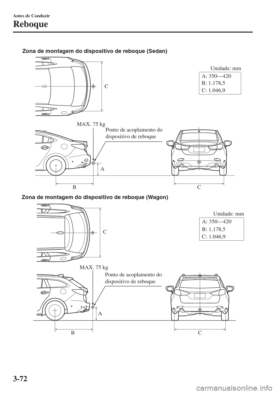 MAZDA MODEL 6 2018 Manual do proprietário (in Portuguese) C
Unidade: mm
A
BCB: 1.178,5
C: 1.046,9 Zona de montagem do dispositivo de reboque (Sedan)
MAX. 75 kg
Ponto de acoplamento do
dispositivo de reboqueA: 350—420
C
Unidade: mm
A
BCB: 1.178,5
C: 1.046, MAZDA MODEL 6 2018 Manual do proprietário (in Portuguese) C
Unidade: mm
A
BCB: 1.178,5
C: 1.046,9 Zona de montagem do dispositivo de reboque (Sedan)
MAX. 75 kg
Ponto de acoplamento do
dispositivo de reboqueA: 350—420
C
Unidade: mm
A
BCB: 1.178,5
C: 1.046,