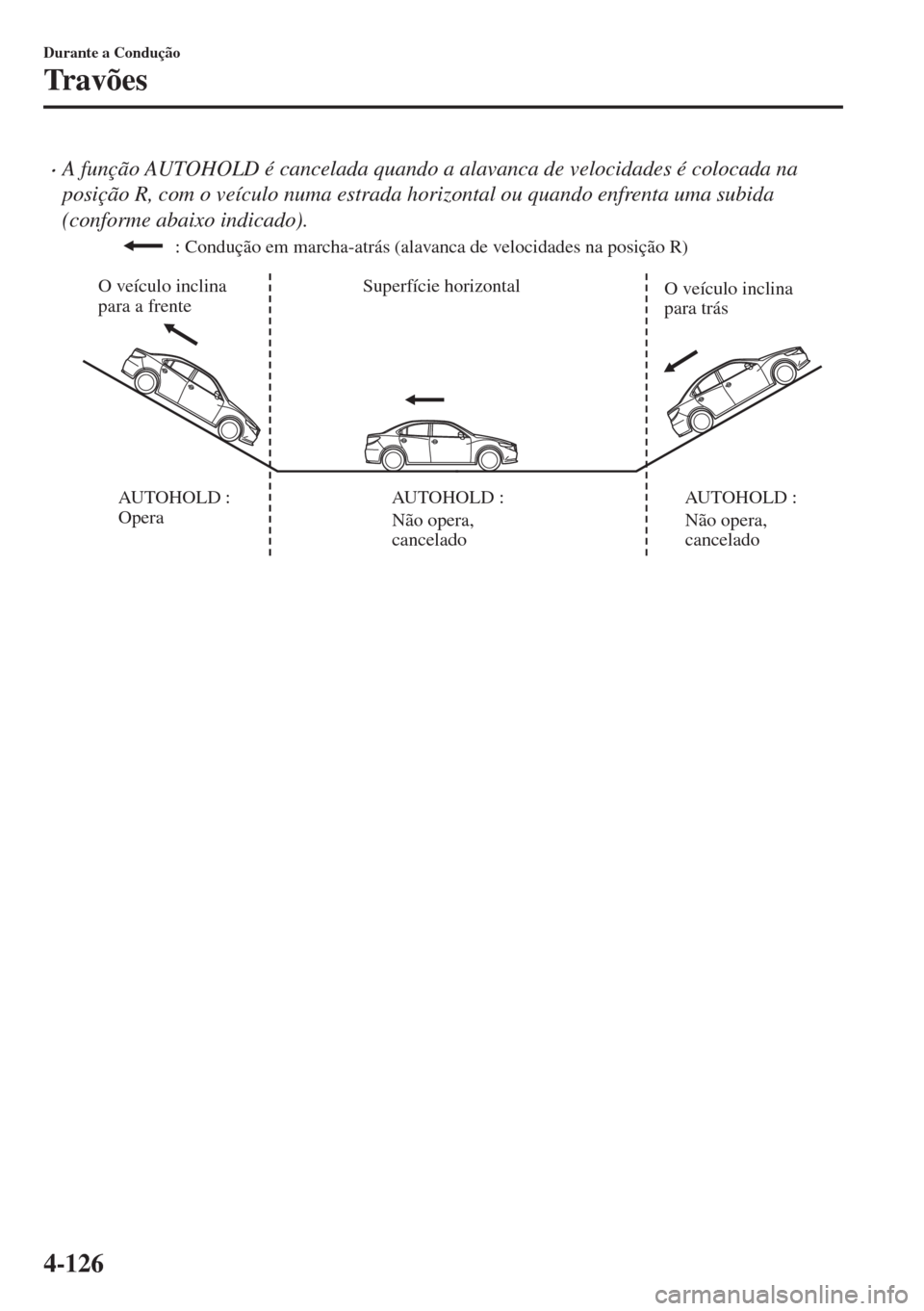 MAZDA MODEL 6 2018  Manual do proprietário (in Portuguese) •A função AUTOHOLD é cancelada quando a alavanca de velocidades é colocada na
posição R, com o veículo numa estrada horizontal ou quando enfrenta uma subida
(conforme abaixo indicado).
Superf