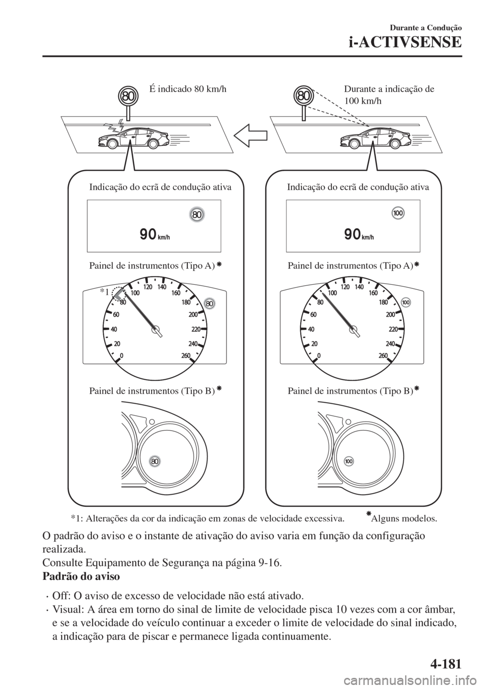 MAZDA MODEL 6 2018 Manual do proprietário (in Portuguese) Durante a indicação de
100 km/h É indicado 80 km/h
Indicação do ecrã de condução ativa
Painel de instrumentos (Tipo A)
Painel de instrumentos (Tipo B)Indicação do ecrã de condução ativa
MAZDA MODEL 6 2018 Manual do proprietário (in Portuguese) Durante a indicação de
100 km/h É indicado 80 km/h
Indicação do ecrã de condução ativa
Painel de instrumentos (Tipo A)
Painel de instrumentos (Tipo B)Indicação do ecrã de condução ativa