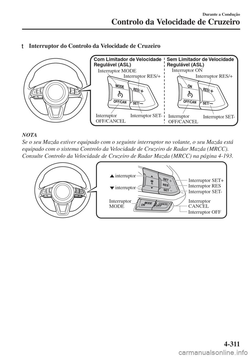 MAZDA MODEL 6 2018 Manual do proprietário (in Portuguese) tInterruptor do Controlo da Velocidade de Cruzeiro
Interruptor ON
Interruptor RES/+
Sem Limitador de Velocidade
Regulável (ASL)
Interruptor SET- Interruptor
OFF/CANCEL
Interruptor MODE
Interruptor MAZDA MODEL 6 2018 Manual do proprietário (in Portuguese) tInterruptor do Controlo da Velocidade de Cruzeiro
Interruptor ON
Interruptor RES/+
Sem Limitador de Velocidade
Regulável (ASL)
Interruptor SET- Interruptor
OFF/CANCEL
Interruptor MODE
Interruptor