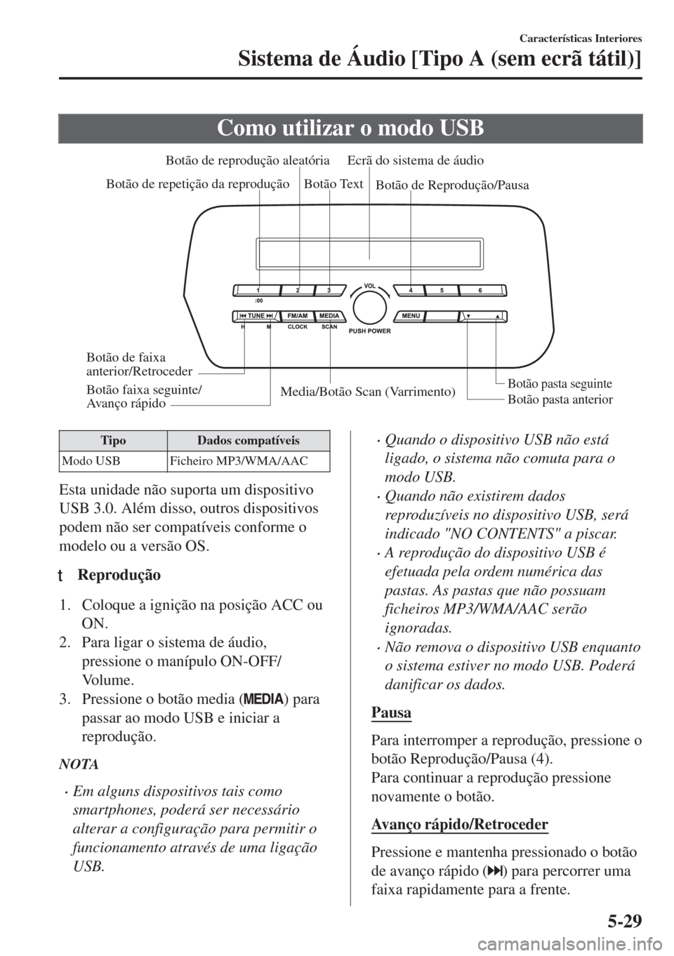 MAZDA MODEL 6 2018 Manual do proprietário (in Portuguese) Como utilizar o modo USB
Media/Botão Scan (Varrimento)Botão pasta anteriorBotão pasta seguinte
Botão de Reprodução/Pausa Botão de reprodução aleatória
Botão de repetição da reproduçãoEc MAZDA MODEL 6 2018 Manual do proprietário (in Portuguese) Como utilizar o modo USB
Media/Botão Scan (Varrimento)Botão pasta anteriorBotão pasta seguinte
Botão de Reprodução/Pausa Botão de reprodução aleatória
Botão de repetição da reproduçãoEc