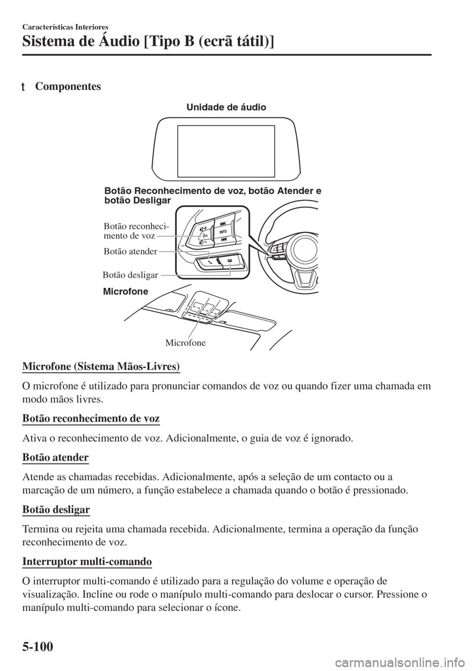 MAZDA MODEL 6 2018 Manual do proprietário (in Portuguese) tComponentes
Microfone Botão Reconhecimento de voz, botão Atender e
botão Desligar
MicrofoneUnidade de áudio
Botão reconheci-
mento de voz
Botão desligar Botão atender
Microfone (Sistema Mãos MAZDA MODEL 6 2018 Manual do proprietário (in Portuguese) tComponentes
Microfone Botão Reconhecimento de voz, botão Atender e
botão Desligar
MicrofoneUnidade de áudio
Botão reconheci-
mento de voz
Botão desligar Botão atender
Microfone (Sistema Mãos