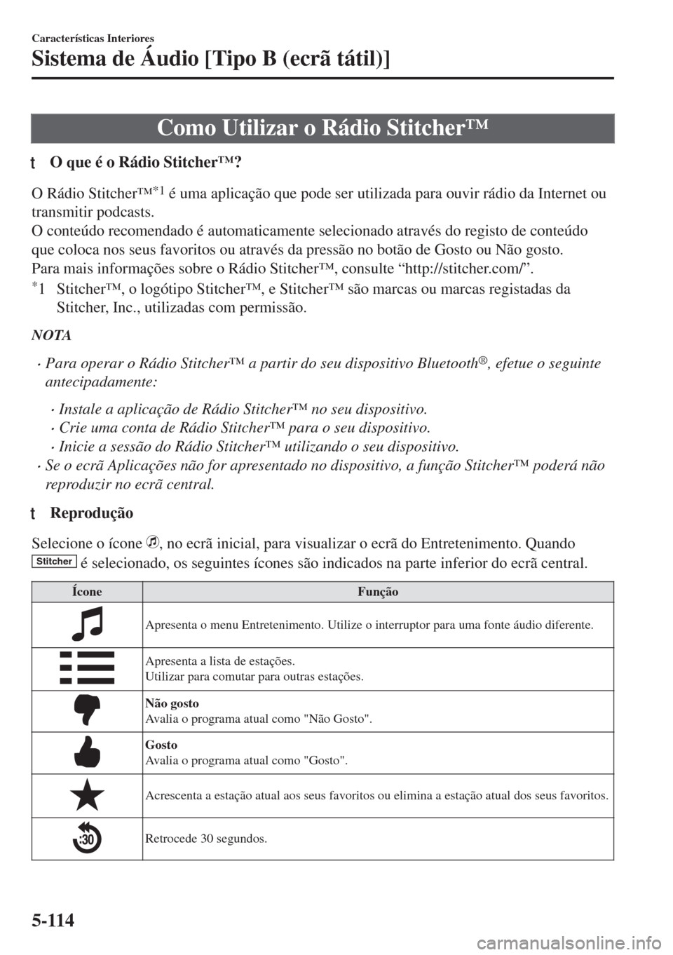 MAZDA MODEL 6 2018 Manual do proprietário (in Portuguese) Como Utilizar o Rádio Stitcher™
tO que é o Rádio Stitcher™?
O Rádio Stitcher™*1 é uma aplicação que pode ser utilizada para ouvir rádio da Internet ou
transmitir podcasts.
O conteúdo re MAZDA MODEL 6 2018 Manual do proprietário (in Portuguese) Como Utilizar o Rádio Stitcher™
tO que é o Rádio Stitcher™?
O Rádio Stitcher™*1 é uma aplicação que pode ser utilizada para ouvir rádio da Internet ou
transmitir podcasts.
O conteúdo re