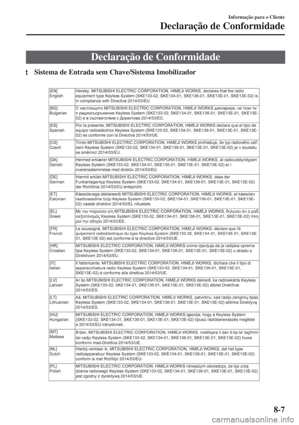 MAZDA MODEL 6 2018 Manual do proprietário (in Portuguese) Declaração de Conformidade
tSistema de Entrada sem Chave/Sistema Imobilizador
Informação para o Cliente
Declaração de Conformidade
8-7 MAZDA MODEL 6 2018 Manual do proprietário (in Portuguese) Declaração de Conformidade
tSistema de Entrada sem Chave/Sistema Imobilizador
Informação para o Cliente
Declaração de Conformidade
8-7