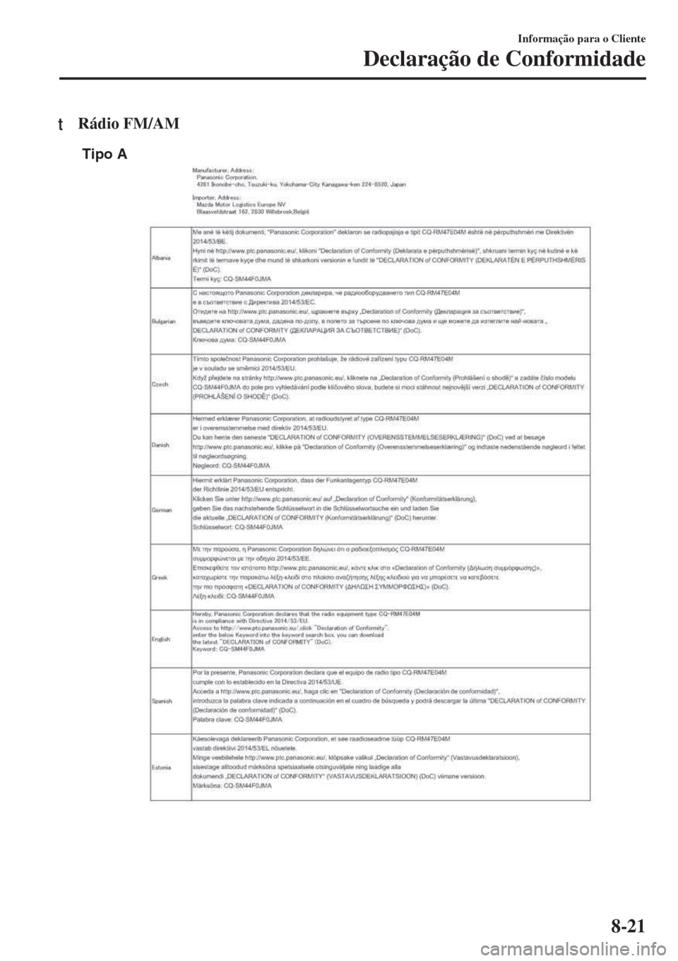 MAZDA MODEL 6 2018 Manual do proprietário (in Portuguese) tRádio FM/AM
Tipo A
Informação para o Cliente
Declaração de Conformidade
8-21 MAZDA MODEL 6 2018 Manual do proprietário (in Portuguese) tRádio FM/AM
Tipo A
Informação para o Cliente
Declaração de Conformidade
8-21