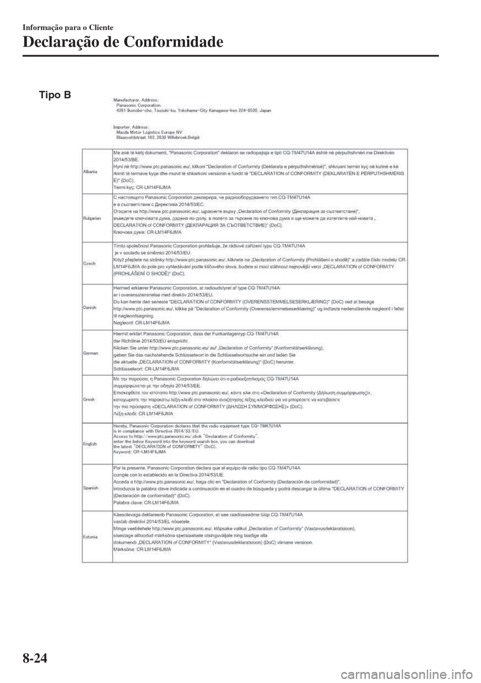 MAZDA MODEL 6 2018 Manual do proprietário (in Portuguese) Tipo B
Informação para o Cliente
Declaração de Conformidade
8-24 MAZDA MODEL 6 2018 Manual do proprietário (in Portuguese) Tipo B
Informação para o Cliente
Declaração de Conformidade
8-24