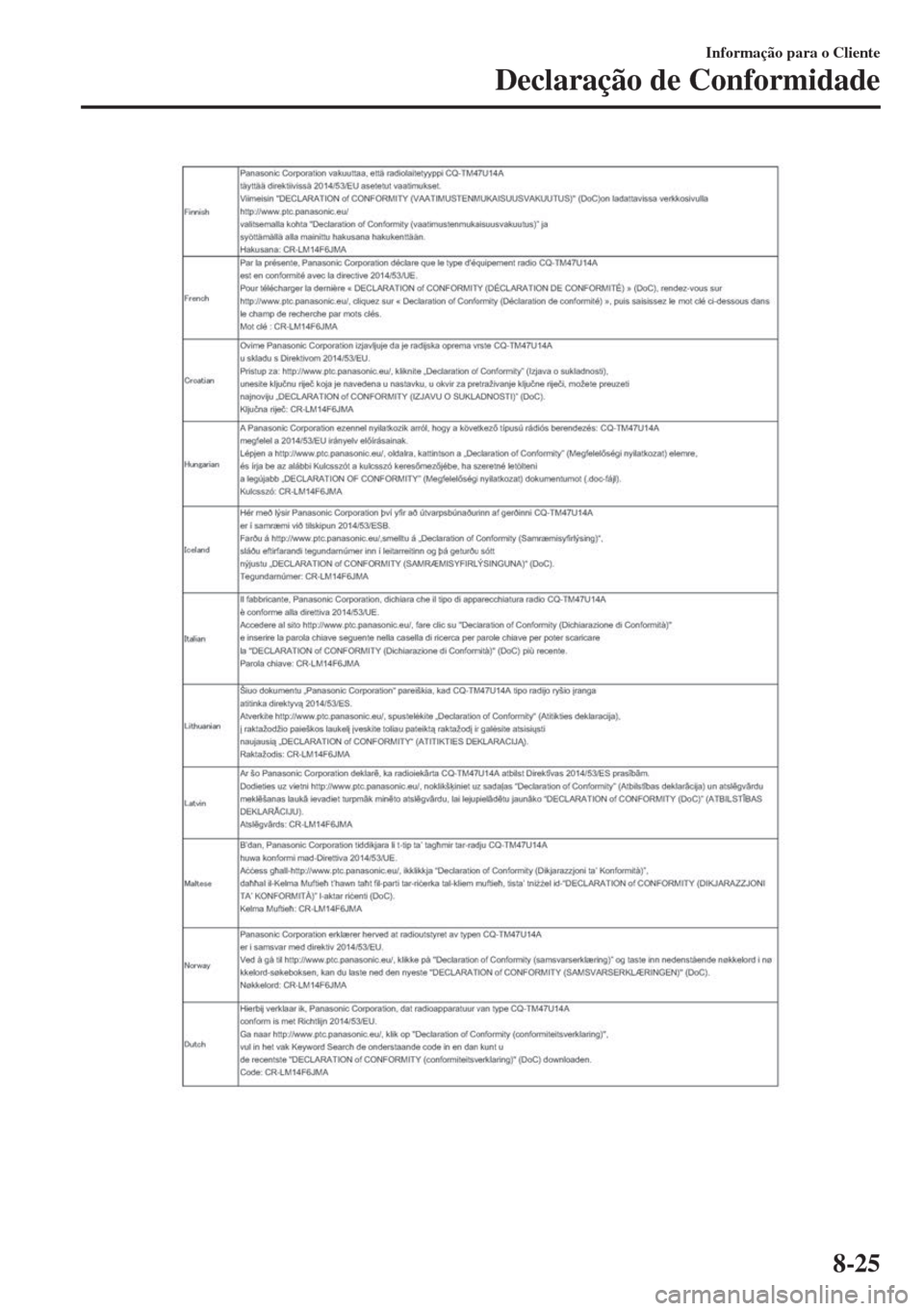 MAZDA MODEL 6 2018 Manual do proprietário (in Portuguese) Informação para o Cliente
Declaração de Conformidade
8-25 MAZDA MODEL 6 2018 Manual do proprietário (in Portuguese) Informação para o Cliente
Declaração de Conformidade
8-25