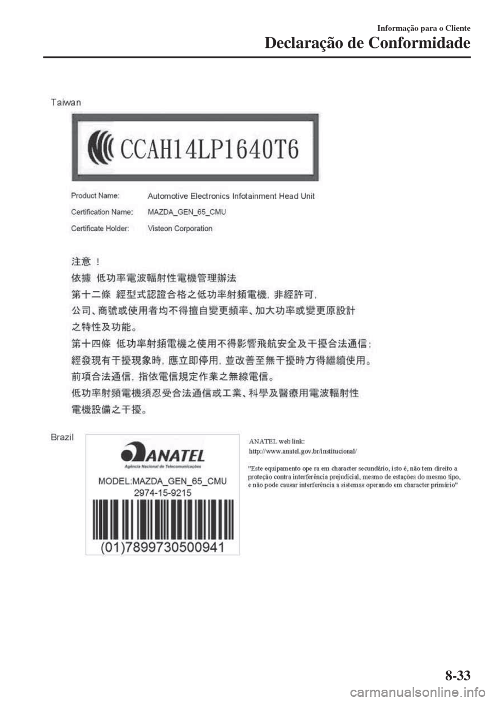 MAZDA MODEL 6 2018 Manual do proprietário (in Portuguese) Informação para o Cliente
Declaração de Conformidade
8-33 MAZDA MODEL 6 2018 Manual do proprietário (in Portuguese) Informação para o Cliente
Declaração de Conformidade
8-33