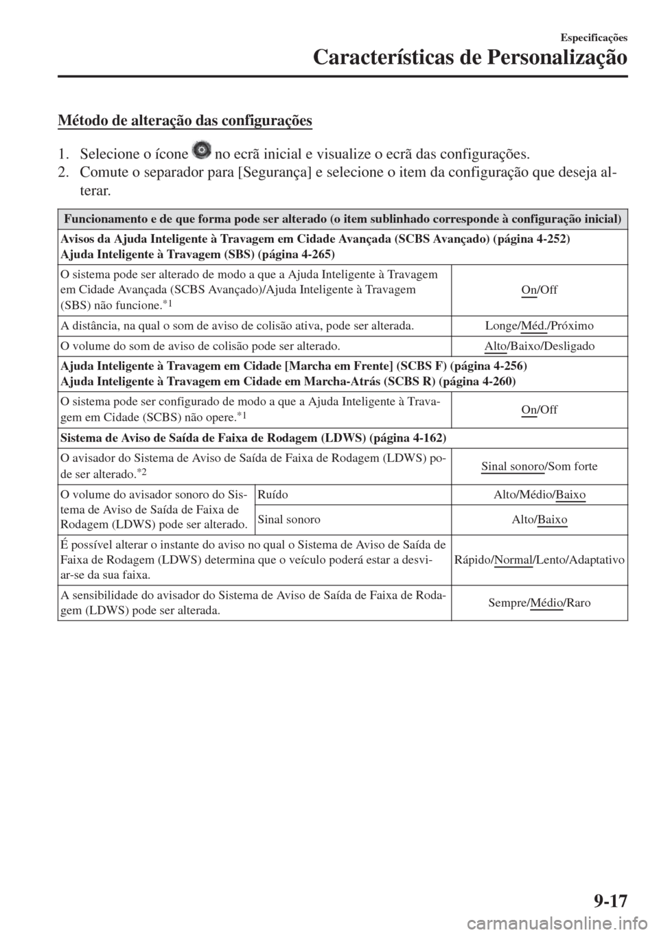 MAZDA MODEL 6 2018  Manual do proprietário (in Portuguese) Método de alteração das configurações
1. Selecione o ícone  no ecrã inicial e visualize o ecrã das configurações.
2. Comute o separador para [Segurança] e selecione o item da configuração