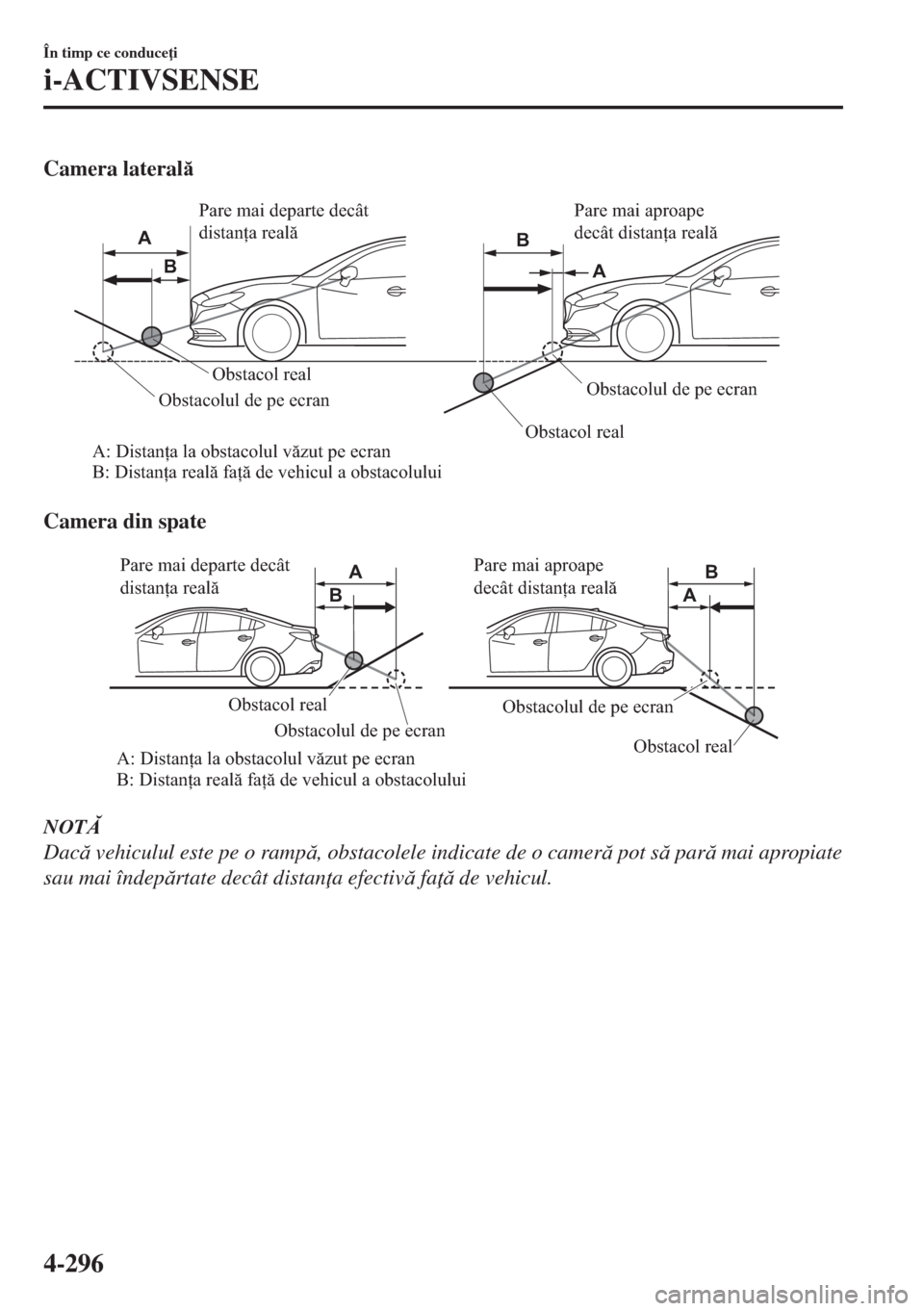 MAZDA MODEL 6 2018  Manualul de utilizare (in Romanian) Camera lateral
 Obstacol real
Obstacol real
A: Distanța la obstacolul văzut pe ecran
B: Distanța reală față de vehicul a obstacoluluiObstacolul de pe ecranObstacolul de pe ecran Pare mai depar
