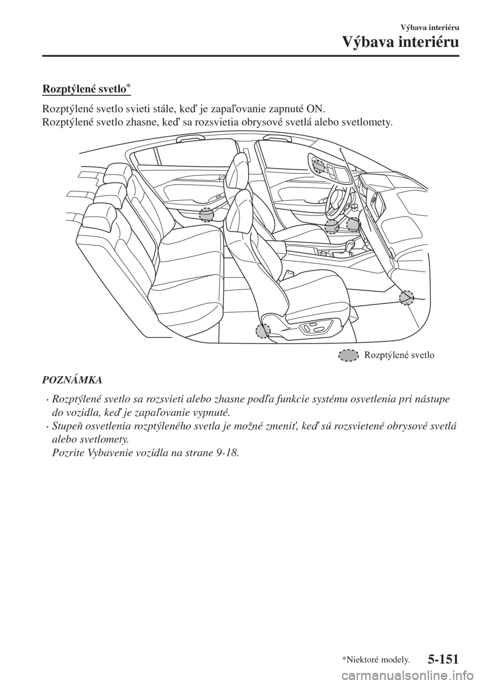 MAZDA MODEL 6 2018  Užívateľská príručka (in Slovak) Rozptýlené svetlo*
Rozptýlené svetlo svieti stále, ke je zapaovanie zapnuté ON.
Rozptýlené svetlo zhasne, ke sa rozsvietia obrysové svetlá alebo svetlomety.
Rozptýlené svetlo
POZNÁM