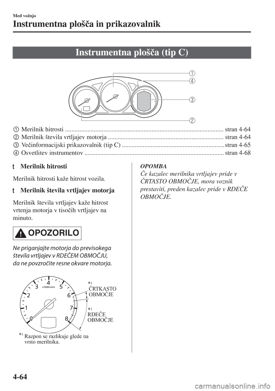 MAZDA MODEL 6 2018  Priročnik za lastnika (in Slovenian) Instrumentna ploš�þa (tip C)
 
pMerilnik hitrosti ................................................................................................... stran 4-64
qMerilnik števila vrtljajev motorj