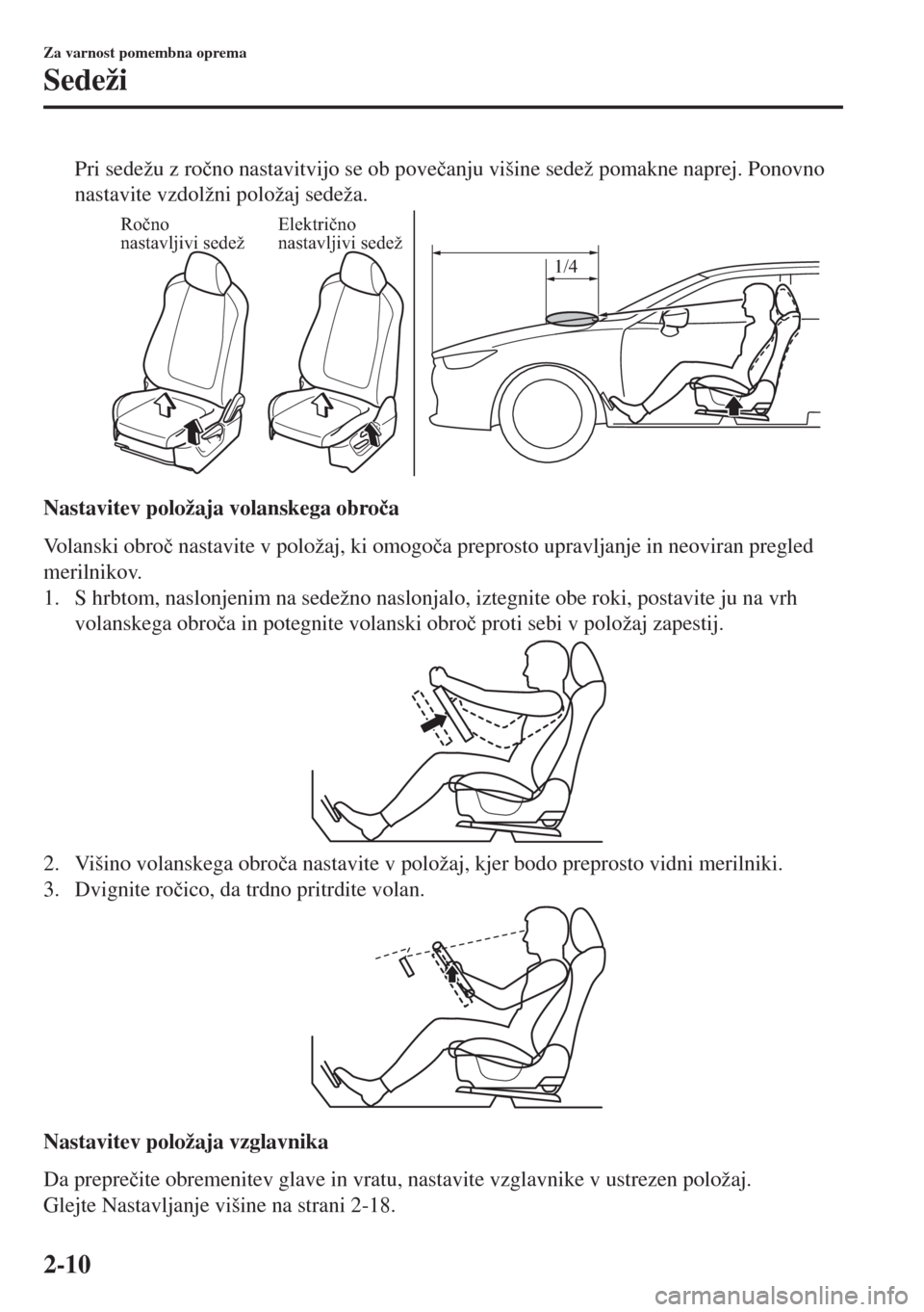 MAZDA MODEL 6 2018  Priročnik za lastnika (in Slovenian) Pri sedežu z ro�þno nastavitvijo se ob pove�þanju višine sedež pomakne naprej. Ponovno
nastavite vzdolžni položaj sedeža.
Ročno 
nastavljivi sedežElektrično 
nastavljivi sedež
1/4
Nastavit