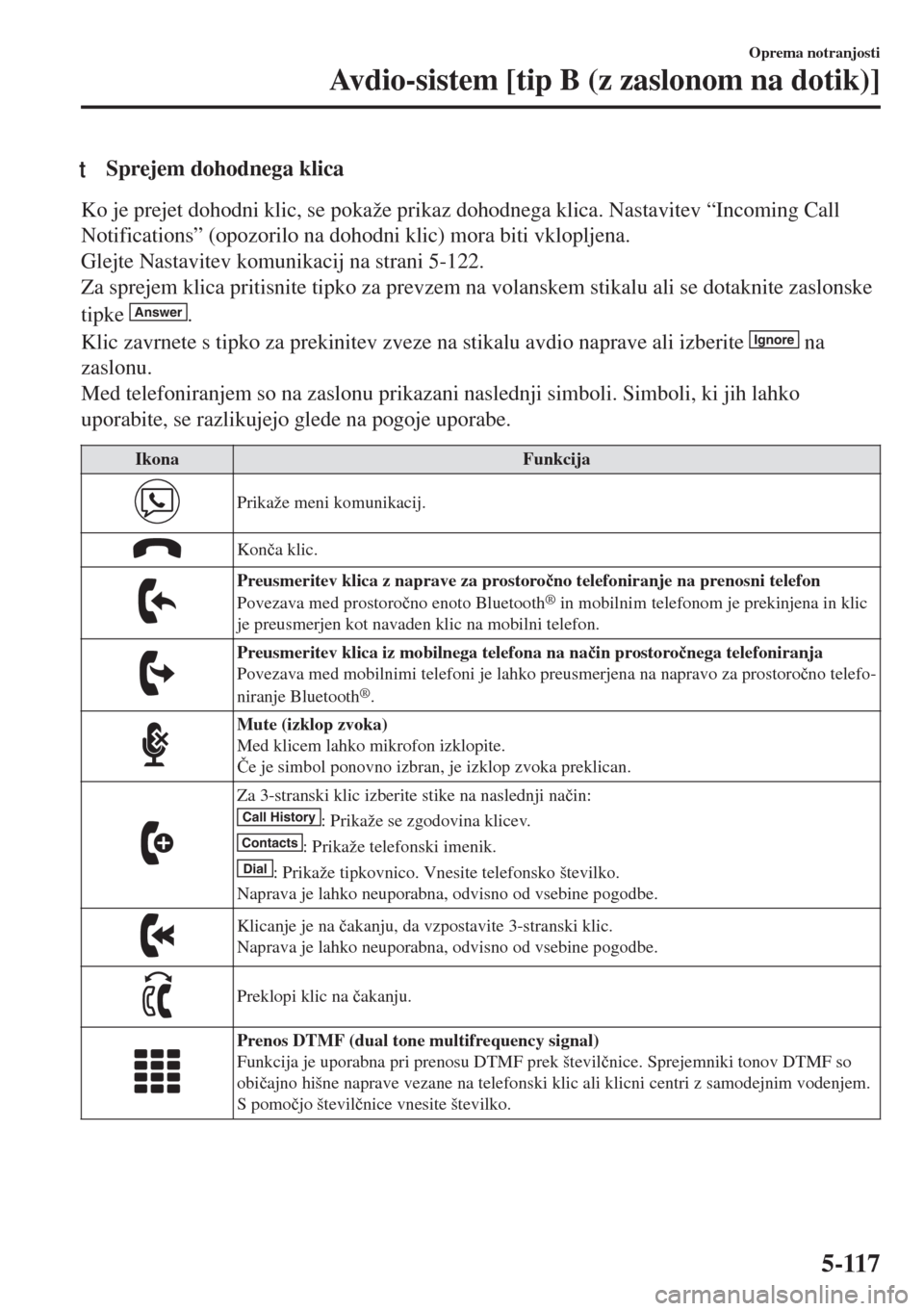MAZDA MODEL 6 2018  Priročnik za lastnika (in Slovenian) tSprejem dohodnega klica
Ko je prejet dohodni klic, se pokaže prikaz dohodnega klica. Nastavitev “Incoming Call
Notifications” (opozorilo na dohodni klic) mora biti vklopljena.
Glejte Nastavitev 