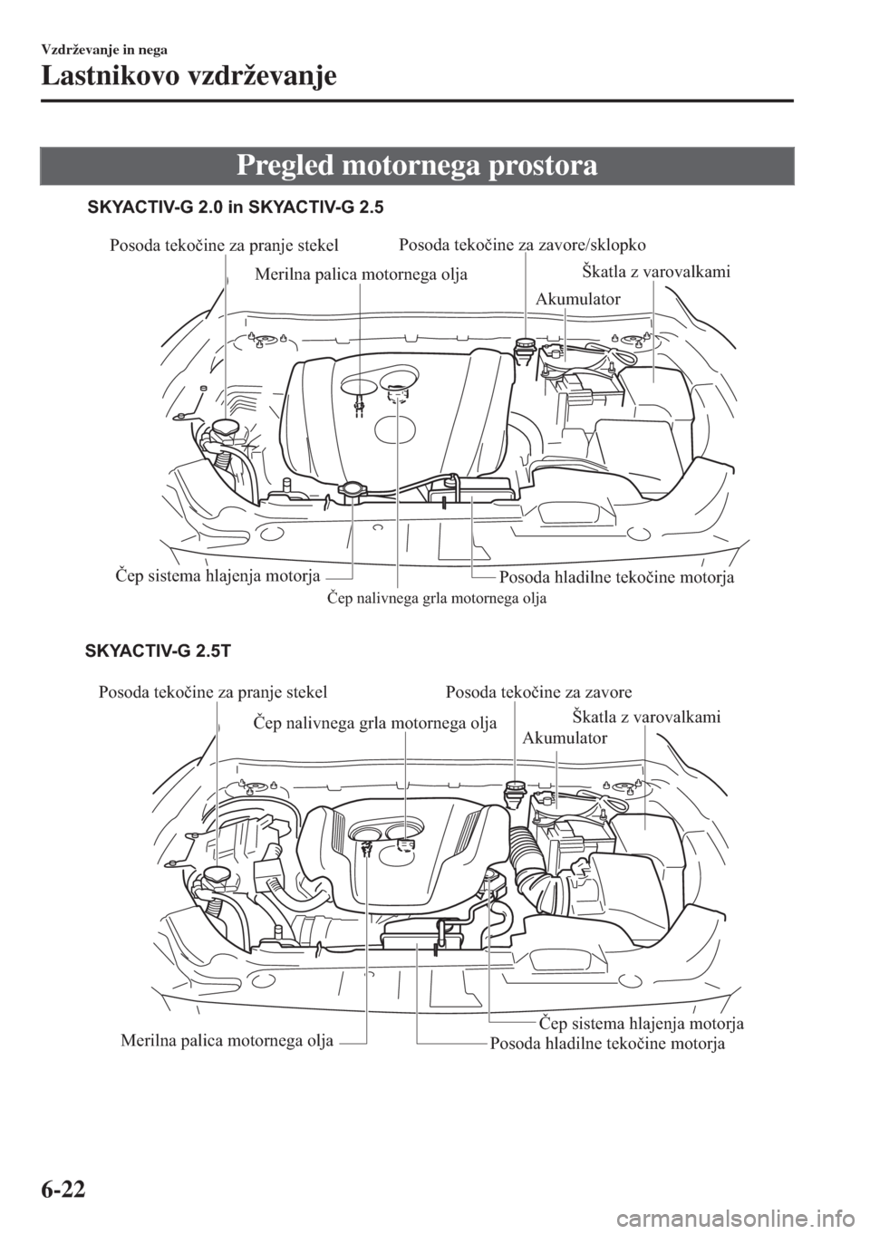 MAZDA MODEL 6 2018  Priročnik za lastnika (in Slovenian) Pregled motornega prostora
Posoda tekočine za pranje stekel
Čep nalivnega grla motornega olja
Merilna palica motornega oljaAkumulatorŠkatla z varovalkami
Čep sistema hlajenja motorja
Posoda hladil