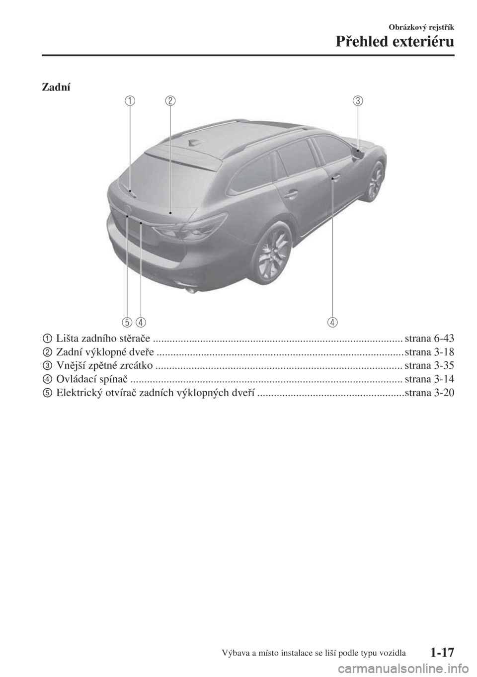 MAZDA MODEL 6 2018  Návod k obsluze (in Czech) Zadní
pLišta zadního stra�þe .......................................................................................... strana 6-43
qZadní výklopné dvee ..................................