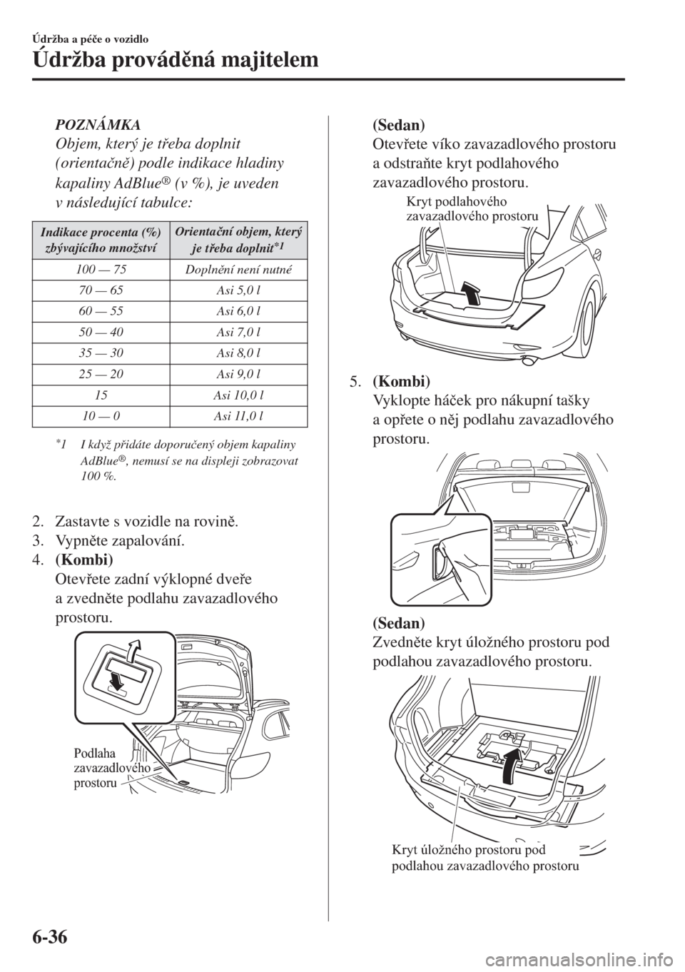 MAZDA MODEL 6 2018  Návod k obsluze (in Czech) POZNÁMKA
Objem, který je teba doplnit
(orienta�þn) podle indikace hladiny
kapaliny AdBlue
® (v %), je uveden
v následující tabulce:
Indikace procenta (%)
zbývajícího množstvíOrienta�þ