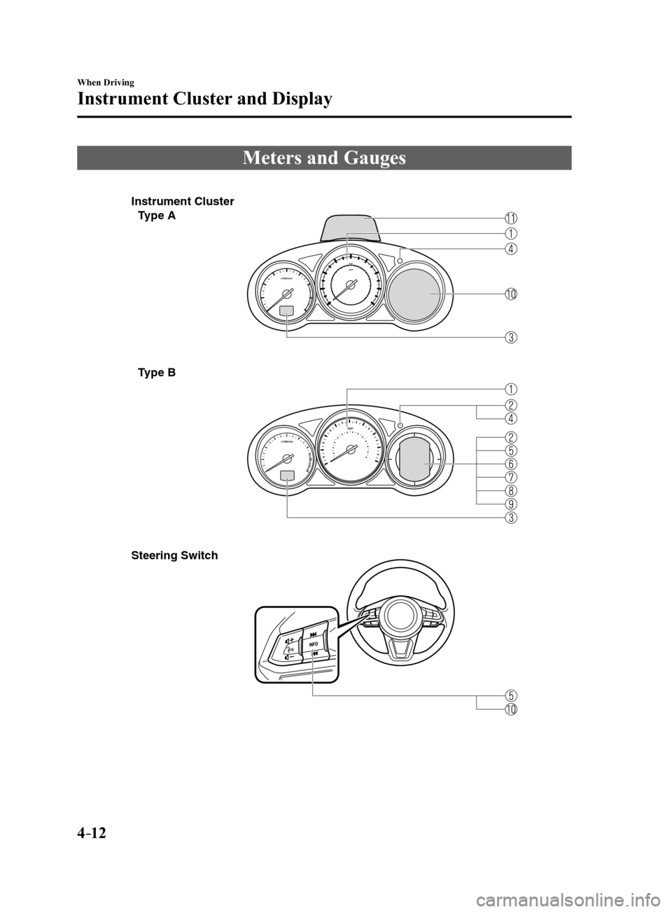 MAZDA MODEL 6 2017  Owners Manual (in English) 4–12
When Driving
Instrument Cluster and Display
Meters and Gauges
Instrument Cluster
Type A
T ype B
Steering Switch
Mazda6_8FH2-EA-16F_Edition2.indb   122016/07/07   13:44:34   