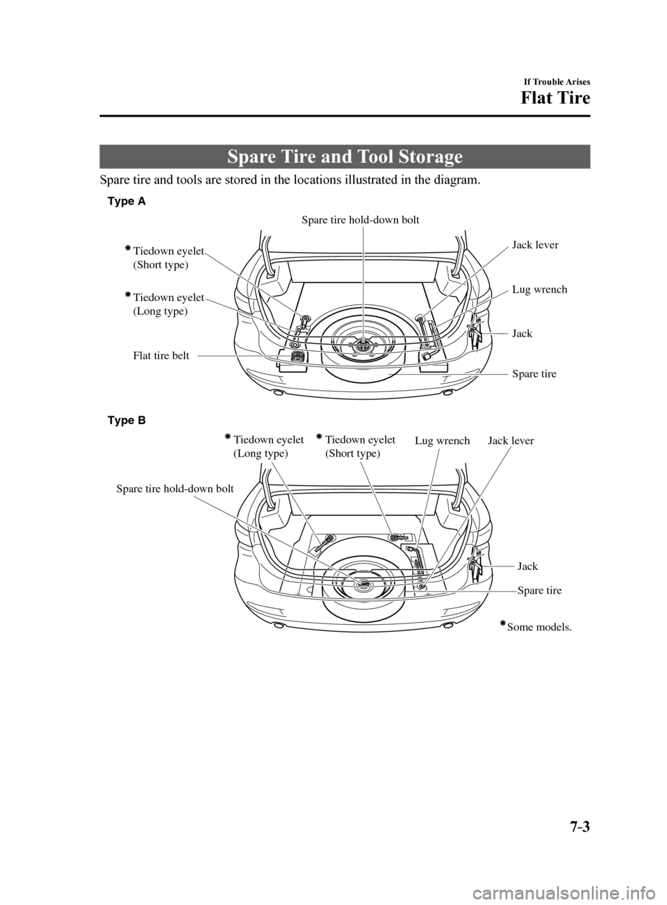 MAZDA MODEL 6 2017  Owners Manual (in English) 7–3
If Trouble Arises
Flat Tire
Spare Tire and Tool Storage
Spare tire and tools are stored in the locations illustrated in the diag\
ram.
Tiedown eyelet 
(Long type) Tiedown eyelet 
(Short type)
Fl