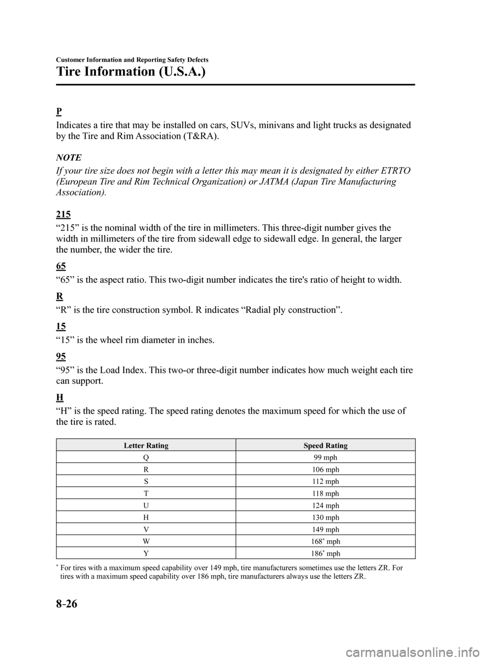MAZDA MODEL 6 2017 Owners Manual (in English) 8–26
Customer Information and Reporting Safety Defects
Tire Information (U.S.A.)
P
Indicates a tire that may be installed on cars, SUVs, minivans and light trucks as designated
by the Tire and Rim MAZDA MODEL 6 2017 Owners Manual (in English) 8–26
Customer Information and Reporting Safety Defects
Tire Information (U.S.A.)
P
Indicates a tire that may be installed on cars, SUVs, minivans and light trucks as designated
by the Tire and Rim