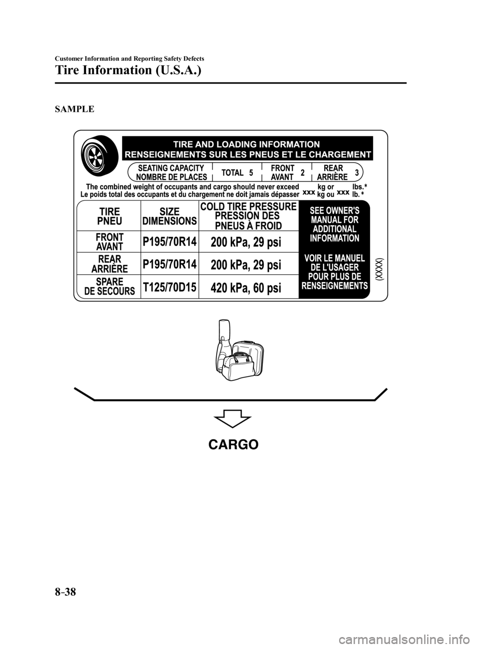 MAZDA MODEL 6 2017 Owners Manual (in English) 8–38
Customer Information and Reporting Safety Defects
Tire Information (U.S.A.)
SAMPLE
CARGO
Mazda6_8FH2-EA-16F_Edition2.indb 382016/07/07 13:46:41 MAZDA MODEL 6 2017 Owners Manual (in English) 8–38
Customer Information and Reporting Safety Defects
Tire Information (U.S.A.)
SAMPLE
CARGO
Mazda6_8FH2-EA-16F_Edition2.indb 382016/07/07 13:46:41