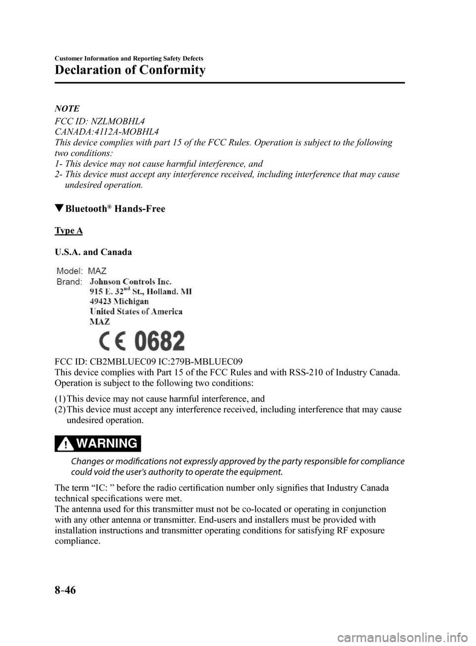 MAZDA MODEL 6 2017   (in English) Service Manual 8–46
Customer Information and Reporting Safety Defects
Declaration of Conformity
NOTE
FCC ID: NZLMOBHL4
CANADA:4112A-MOBHL4
This device complies with part 15 of the FCC Rules. Operation is subject\
