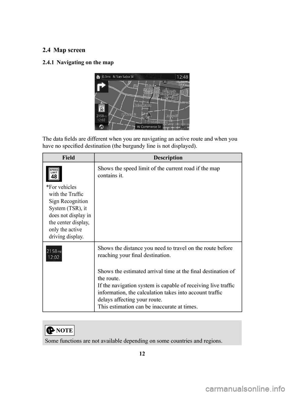 MAZDA MODEL 6 2017 Navigation Manual (in English) 12
2.4 Map screen
2.4.1 Navigating on the map
The data fields are different when you are navigating an active route and when you
have no specified destination (the burgundy line is not displayed) MAZDA MODEL 6 2017 Navigation Manual (in English) 12
2.4 Map screen
2.4.1 Navigating on the map
The data fields are different when you are navigating an active route and when you
have no specified destination (the burgundy line is not displayed)