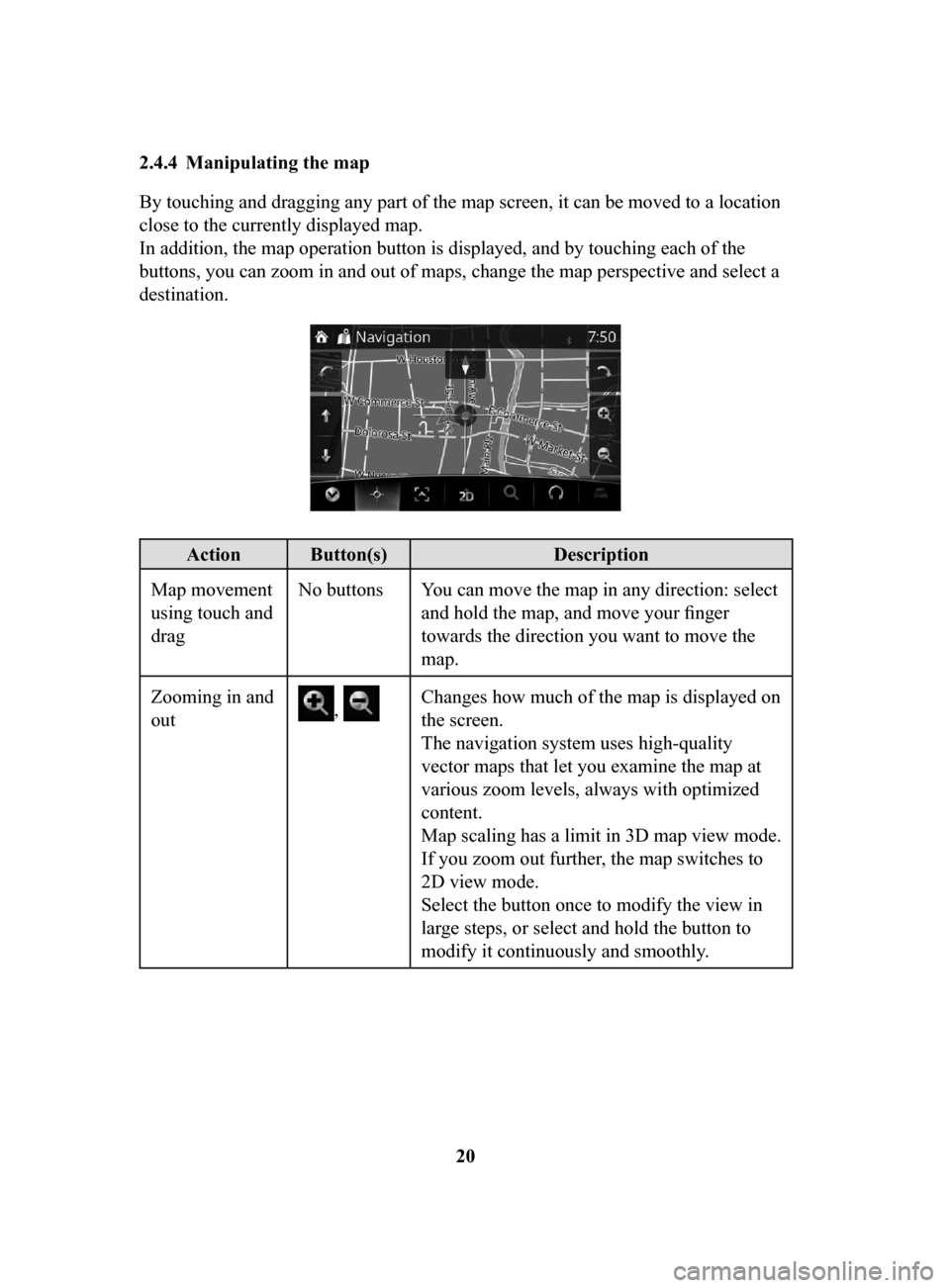 MAZDA MODEL 6 2017 Navigation Manual (in English) 20
2.4.4 Manipulating
the map
By touching and dragging any part of the map screen, it can be moved to a location
close to the currently displayed map.
In addition, the map operation button is displ MAZDA MODEL 6 2017 Navigation Manual (in English) 20
2.4.4 Manipulating
the map
By touching and dragging any part of the map screen, it can be moved to a location
close to the currently displayed map.
In addition, the map operation button is displ