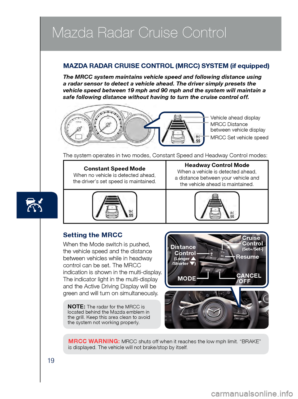 MAZDA MODEL 6 2017  Quick Start Guide (in English) 19
Mazda Radar Cruise Control
Setting the MRCC
When the Mode switch is pushed, 
the vehicle speed and the distance 
between vehicles while in headway 
control can be set. The MRCC 
indication is shown