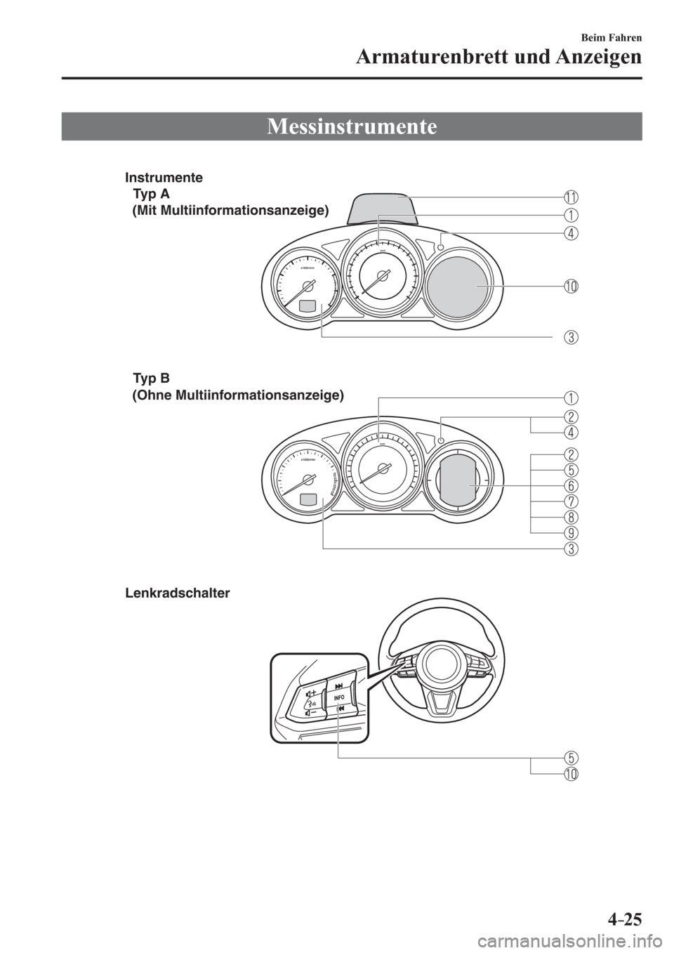 MAZDA MODEL 6 2017  Betriebsanleitung (in German) 4–25
Beim Fahren
Armaturenbrett und Anzeigen
              M e s s i n s t r u m e n t e
Instrumente
Typ A
Typ B
Lenkradschalter
(Mit Multiinformationsanzeige)
(Ohne Multiinformationsanzeige)
�/�C�\