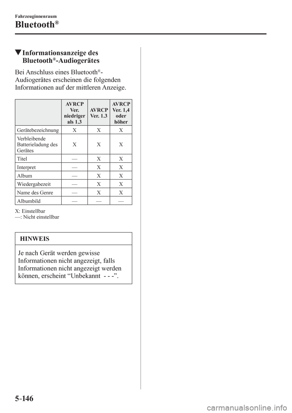 MAZDA MODEL 6 2017  Betriebsanleitung (in German) 5–14 6
Fahrzeuginnenraum
Bluetooth®
 Informationsanzeige des 
Bluetooth® -Audiogerätes
    B e i   A n s c h l u s s   e i n e s   B l u e t o o t h  ® -
Audiogerätes erscheinen die folgenden 
