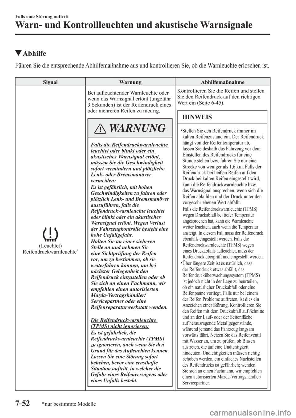 MAZDA MODEL 6 2017  Betriebsanleitung (in German) 7–52
Falls eine Störung auftritt
Warn- und Kontrollleuchten und akustische Warnsignale
*nur bestimmte Modelle
 Abhilfe
    Führen Sie die entsprechende Abhilfemaßnahme aus und kontrollieren Sie, 