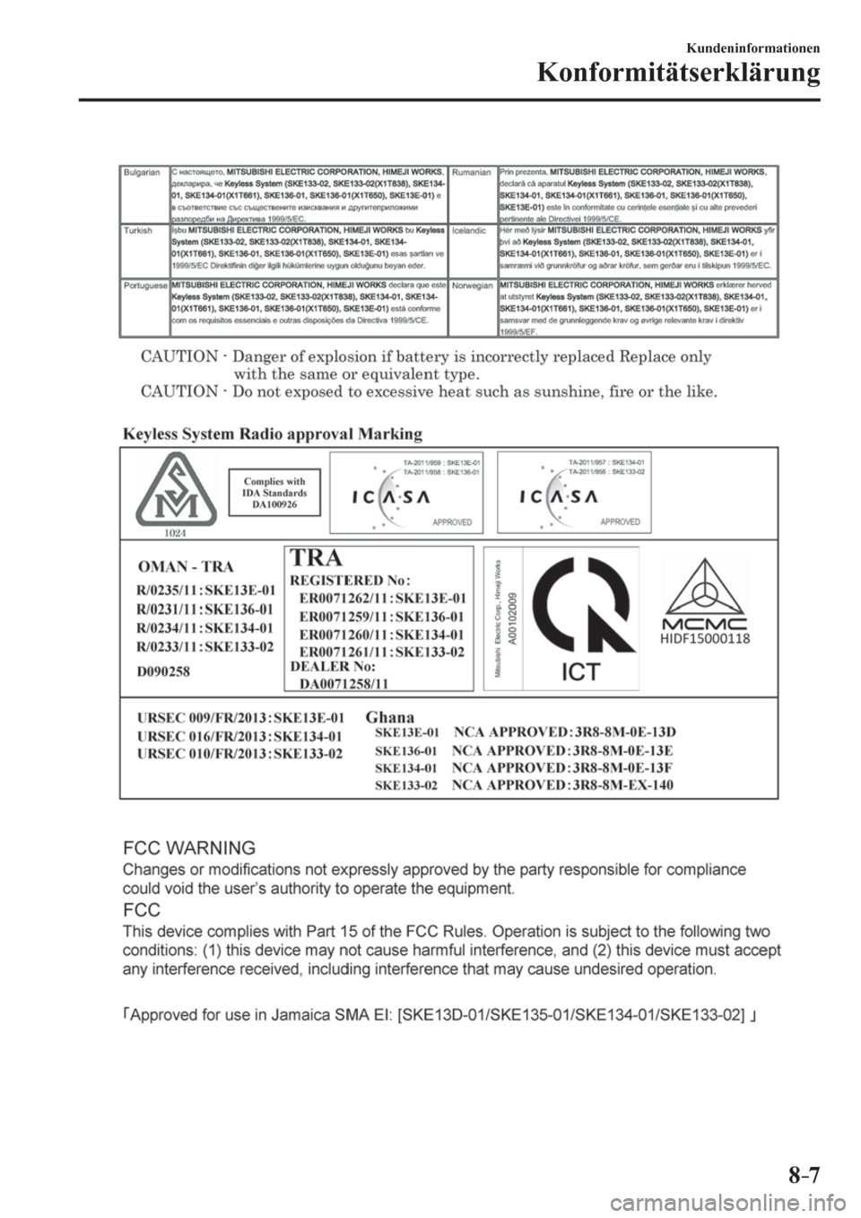 MAZDA MODEL 6 2017  Betriebsanleitung (in German) 8–7
Kundeninformationen
Konformitätserklärung
�/�C�\�F�C��A��(�-���)�����(�A��F�K�V�K�Q�P���K�P�F�D������������������������� 