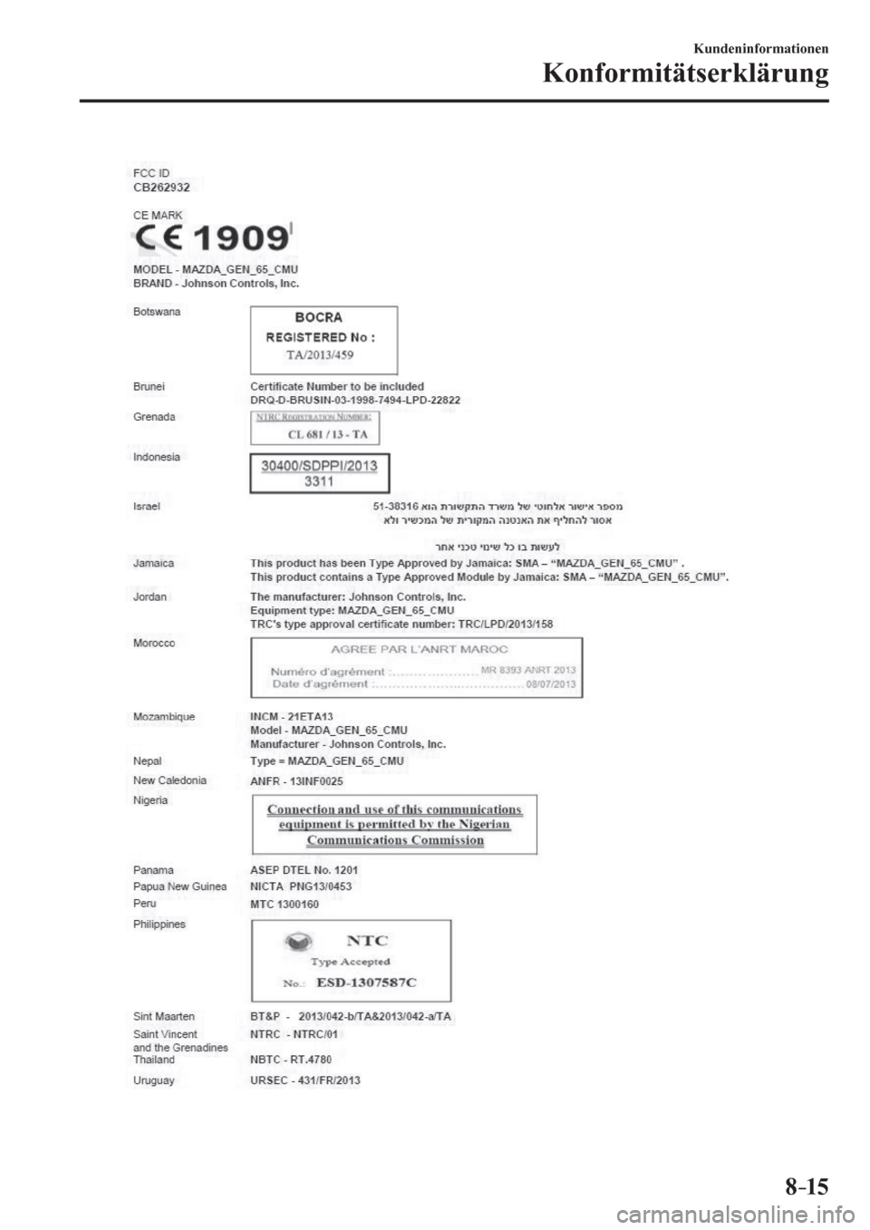 MAZDA MODEL 6 2017  Betriebsanleitung (in German) 8–15
Kundeninformationen
Konformitätserklärung
�/�C�\�F�C��A��(�-���)�����(�A��F�K�V�K�Q�P���K�P�F�D�������������������������� 
