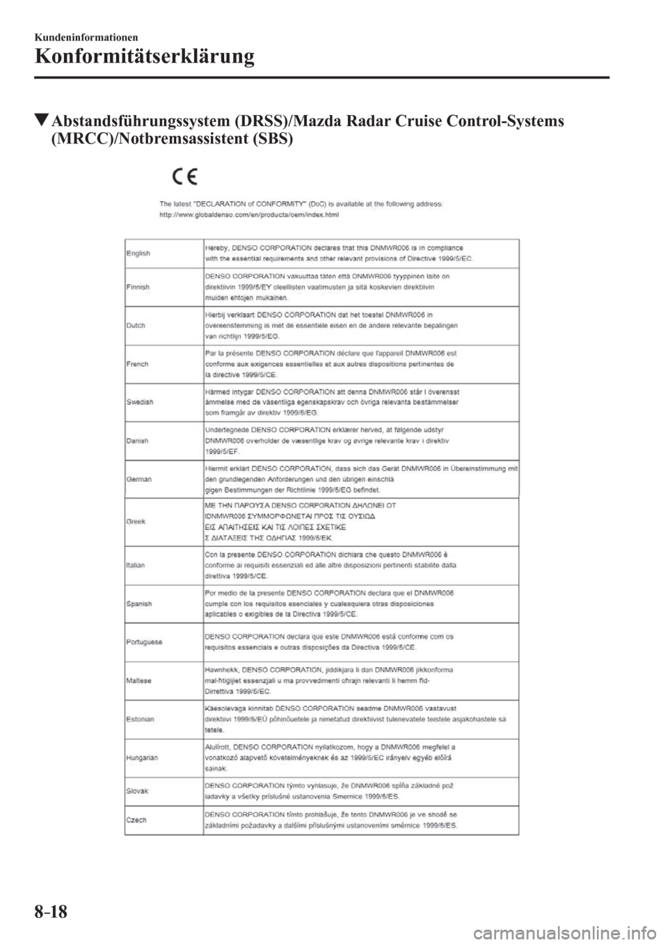 MAZDA MODEL 6 2017  Betriebsanleitung (in German) 8–18
Kundeninformationen
Konformitätserklärung
 Abstandsführungssystem (DRSS)/Mazda Radar Cruise Control-Systems 
(MRCC)/Notbremsassistent (SBS)
�/�C�\�F�C��A��(�-���)�����(�A��F�K�V�K�Q