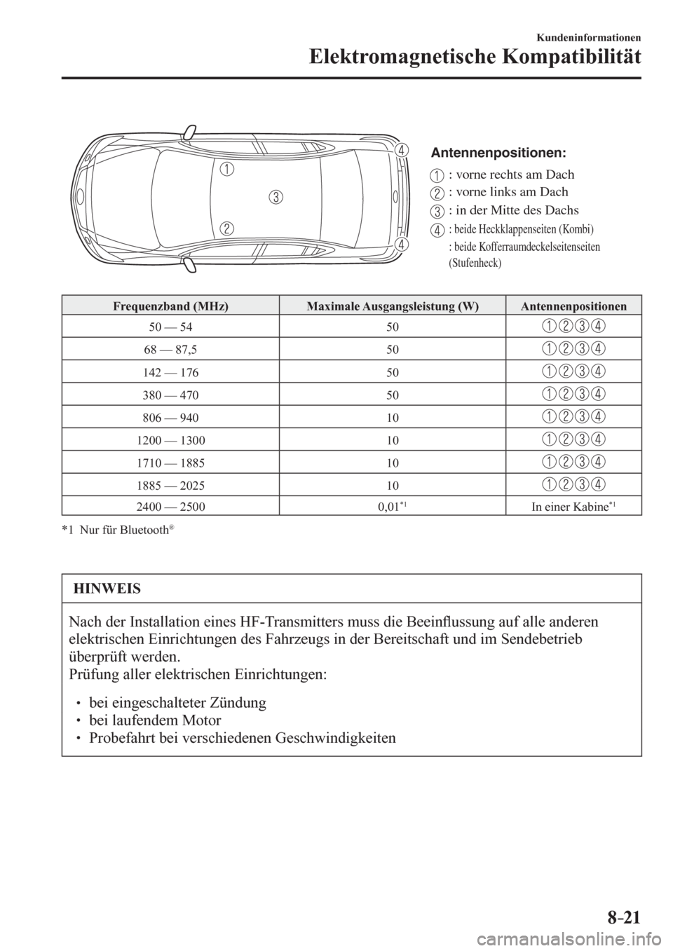 MAZDA MODEL 6 2017  Betriebsanleitung (in German) 8–21
Kundeninformationen
Elektromagnetische Kompatibilität
Antennenpositionen:
: vorne rechts am Dach
: vorne links am Dach
: in der Mitte des Dachs
: beide Heckklappenseiten (Kombi)
: beide Koffer