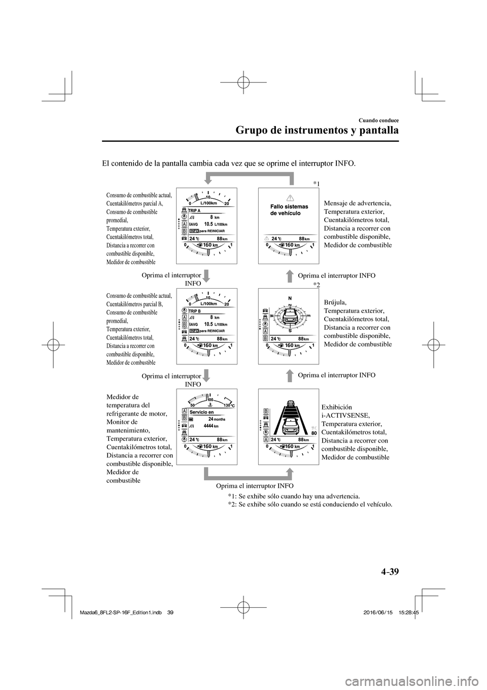MAZDA MODEL 6 2017 Manual del propietario (in Spanish) 4–39
Cuando conduce
Grupo de instrumentos y pantalla
El contenido de la pantalla cambia cada vez que se oprime el interruptor INFO.
Oprima el interruptor INFO
Oprima el interruptor
INFO Oprima MAZDA MODEL 6 2017 Manual del propietario (in Spanish) 4–39
Cuando conduce
Grupo de instrumentos y pantalla
El contenido de la pantalla cambia cada vez que se oprime el interruptor INFO.
Oprima el interruptor INFO
Oprima el interruptor
INFO Oprima